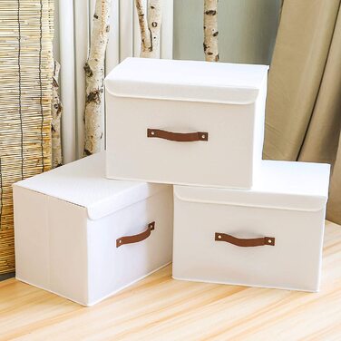 Коробка для зберігання Yawinhe з 3 предметів з кришкою, складна кошик для зберігання одягу з лляної тканини для рушників, книг, іграшок, одягу (33x23x20 см, біла)