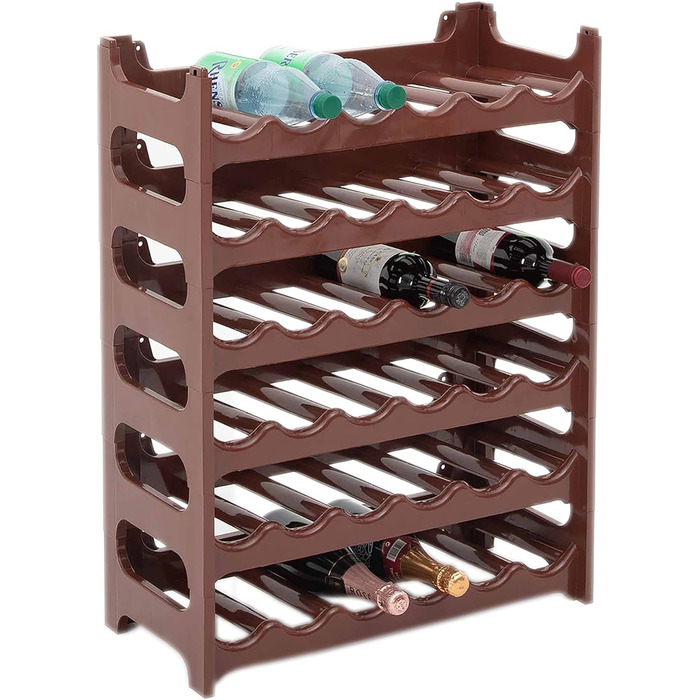Пластикова полиця для пляшок Novaliv на 36 пляшок, розширювана, коричнева. Полиця для вина, напоїв, спиртних напоїв. Система зберігання пляшок, шафка для пляшок