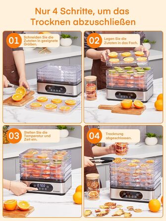 Електрична сушарка для продуктів FOHERE з нержавіючої сталі, 5 ящиків, LED-дисплей, 420W, 35-70°C, таймер 48h, для їжі, грибів, фруктів, м'яса, риби, овочів, без BPA