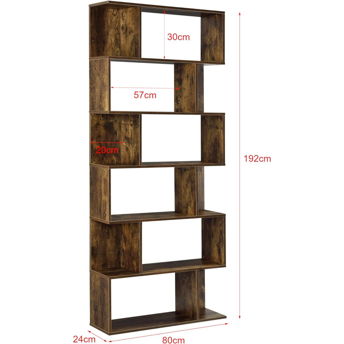 Книжкова шафа Полиця з 6 рівнями 192 x 80 x 24 см Перегородка для кімнати Стояча полиця 8 кг на полицю Висока полиця Полиця для зберігання (Горіх)