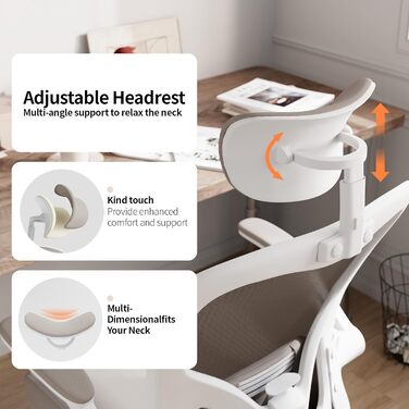 Офісний стіл Monhey: ергономічний крісло з регулюванням висоти, поворотне, з відкидними підлокітниками, дихаюча сітка, регульована підголовник та інтелектуальна підтримка попереку – для дому та офісу (01beige)
