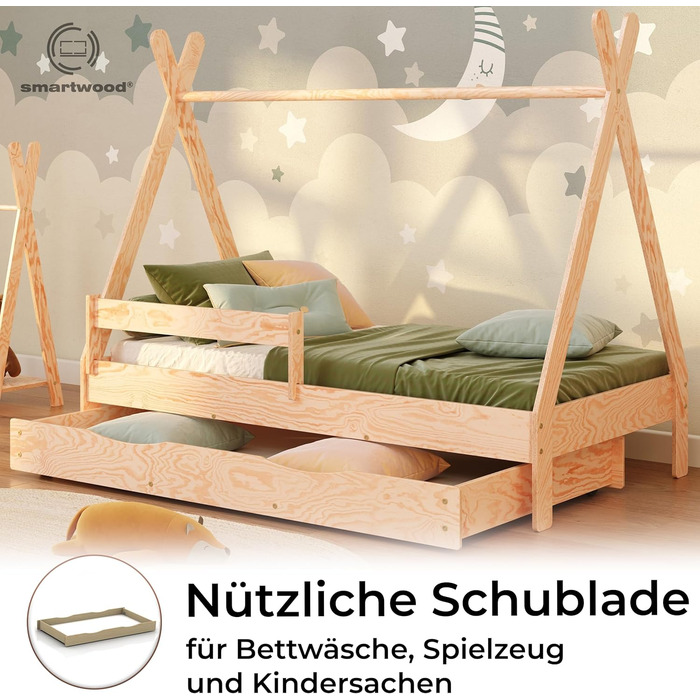 Дерев'яне ліжко-дитяча кімната Smartwood Hausbett Montessori Tipi F з сосни з сертифікатом FSC, захист від падіння, ламелі до 230 кг, для хлопчиків та дівчаток (80x160) з шухлядою