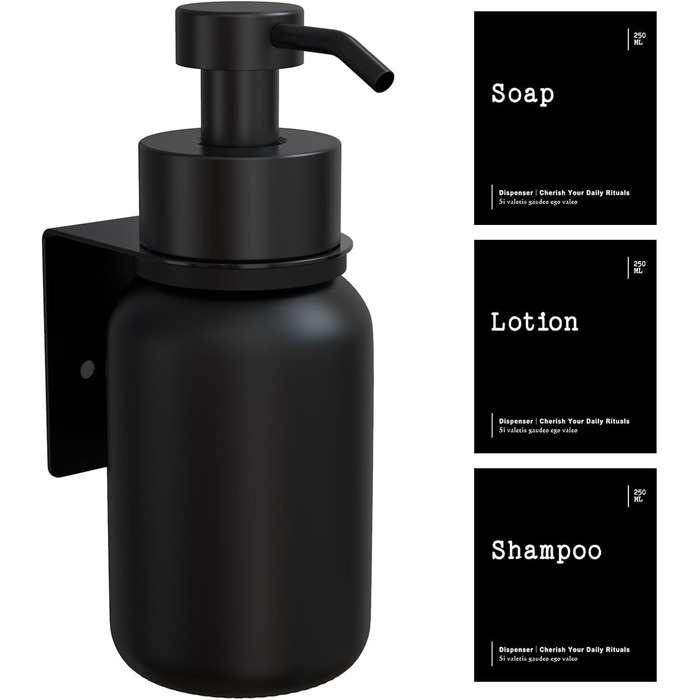 Настінний диспенсер для мила чорного кольору 250 мл [2 шт.] - настінний дозатор для мила, без свердління, для шампуню та гелю для душу. Матовий чорний.