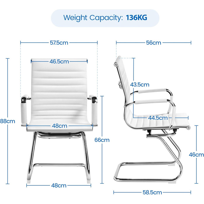 Стільці для відвідувачів Yaheetech, консольні стільці з хромом, ергономічні, спинка, підлокітники, металевий каркас, штучна шкіра, білий 2