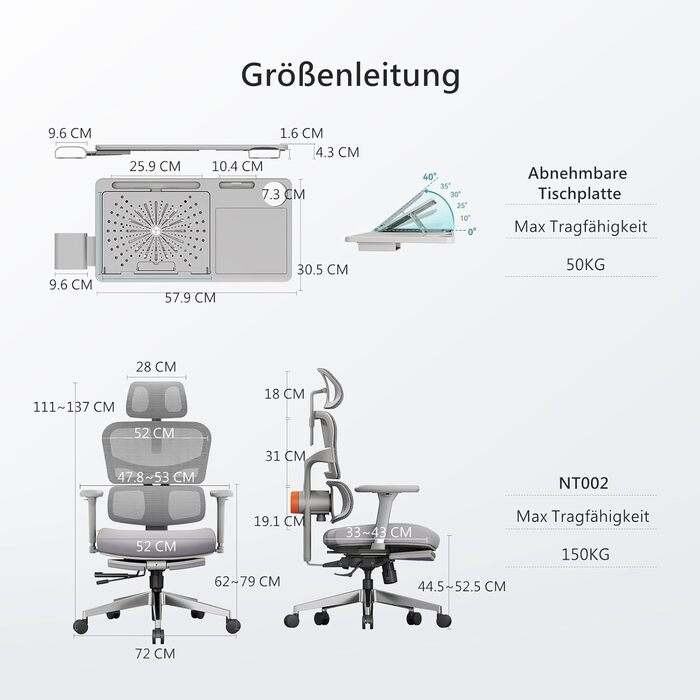 Офісне крісло Newtral Ergonomic NT002 з регульованою підголівником та підлокітниками (сірий), знімний стіл