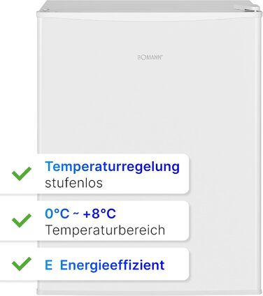 Холодильник Bomann Mini 58л, 2 скляні полиці, плавне регулювання температури, змінний дверний упор, білий