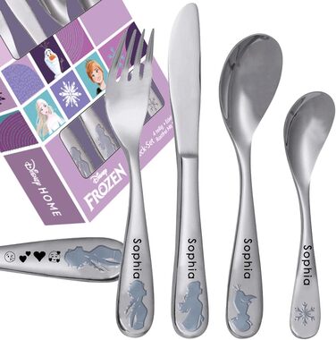 Дитячий столовий набір 'Frozen' з гравіюванням імені | 4 шт. | Нержавіюча сталь | Безпечний та міцний | Можна мити в посудомийній машині