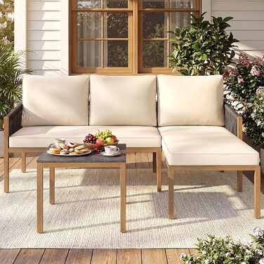 Садовий набір меблів з ротангу COSTWAY: Лаунж-комплект з столом та подушками для саду, балкону, тераси (Бежевий)