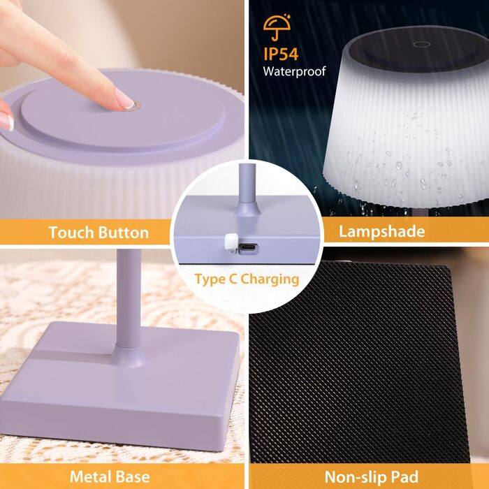 LED лампа Aigostar на акумуляторі, торшери бездротові, торшер з сенсорним керуванням, регулювання яскравості, 3 колірні температури, нічник IP54 вологостійкий для дому та саду, спальня, вітальня, ресторан, сад - (фіолетовий)