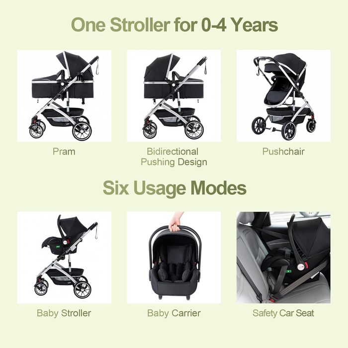 Дитяча коляска 3 в 1 Gcarebb з автокріслом, компактна та легка, для новонароджених 0-4 роки (рожева)