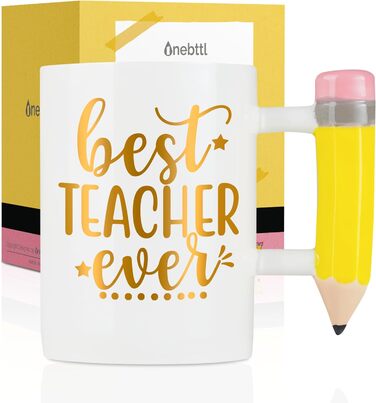 Чашка для кави Onebttl Best Teacher Ever - кумедна керамічна чашка на 400 мл з ручкою-олівцем для вчителів