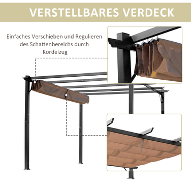 Альтанка Outsunny Pergola 3 x 4 м з регульованим тканинним дахом з алюмінію, сонцезахисним навісом для тераси та саду в сірому та коричневому кольорах
