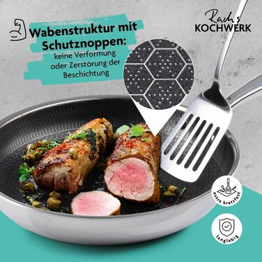 Сковорода Kochwerk Rachs з рифленою поверхнею ⌀28 см | Сковорода з нержавіючої сталі з антипригарним покриттям та високим бортиком | Підходить для всіх типів плит | Стійка до подряпин та придатна для духовки | З рецептами ⌀28 см
