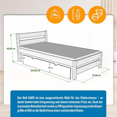 Дитяче ліжко Вробель 90x200 см з 2 ящиками та ламелями - односпальне ліжко з масиву сосни - ліжко Монтессорі для дітей - ліжко-півліжко для підлітків білого кольору - без матрацу