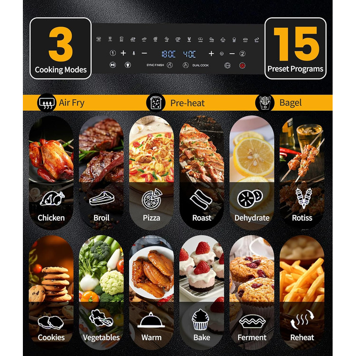 Фритюрниця-мініпіч Air Fryer Emphsism Dual Zone XXL з LED-сенсорним екраном, 1800W, 15 програм, з рецептами та 11 аксесуарами