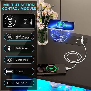 Приліжкова тумбочка LVSOMT LED з USB/Type-C, 2 шухляди, дерево, чорна, для спальні/вітальні