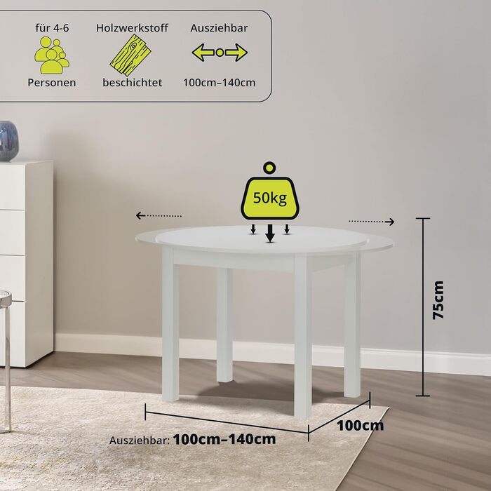 Висувний обідній стіл Smart 90x60 см: дерев'яний кухонний стіл на 6 осіб, розширюється до 130 см, сучасний дизайн (білий)