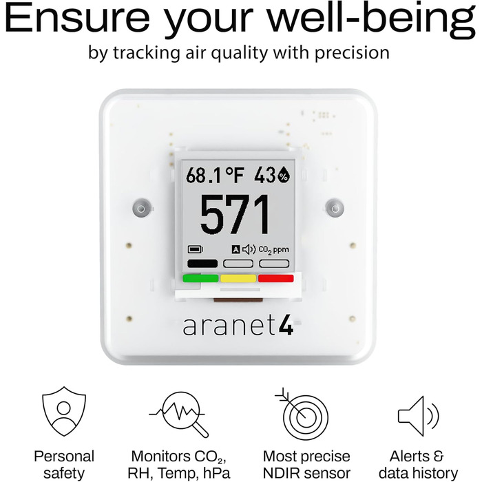 Aranet4 Home: Бездротовий датчик якості повітря для дому, офісу або школи (CO2, температура, вологість)