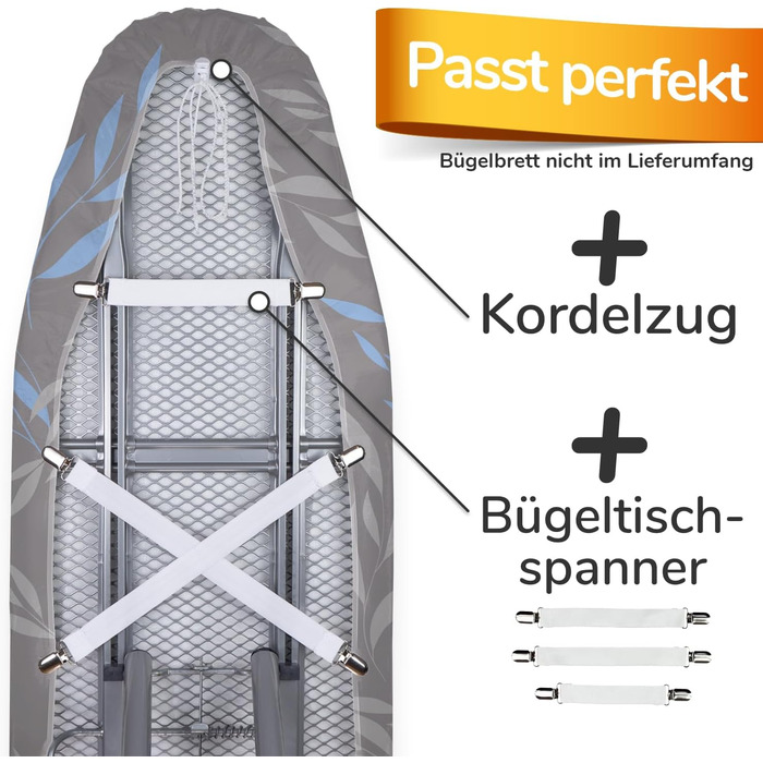 Покриття для прасувальної дошки Turbo 120x45 см, німецька якість, бавовняне покриття ÖKOTEX, терморефлексія, 5 розмірів, фіксатор EasyFit, XL площею 120-125x40-45 см, блакитно-сірий колір