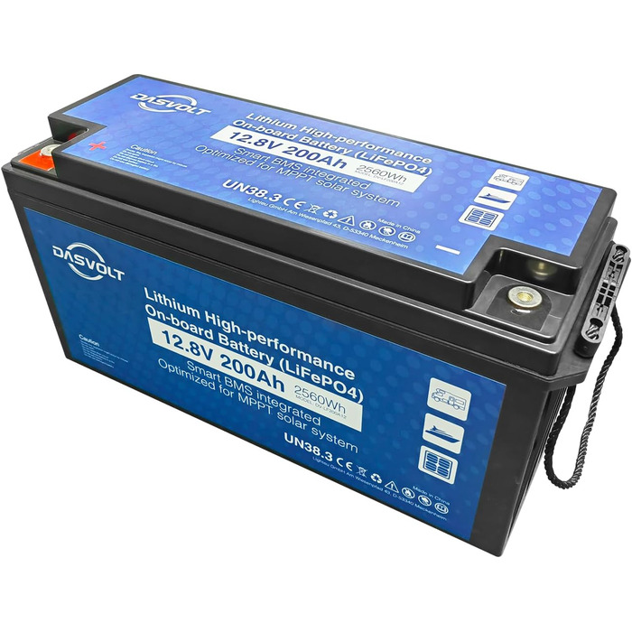 Акумулятор DASVOLT 12V 200Ah LiFePO4 з BMS, глибокий цикл 2560 Втгод, для автофургонів, резервних, сонячних, морських IP65