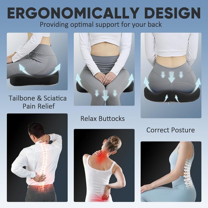 Ортопедична подушка для сидіння та підтримки попереку, ергономічна подушка з піною з пам'яті для інвалідного візка, автокрісла та офісного крісла, для зняття навантаження, полегшення болю, підтримки попереку та стегна при тривалому сидінні