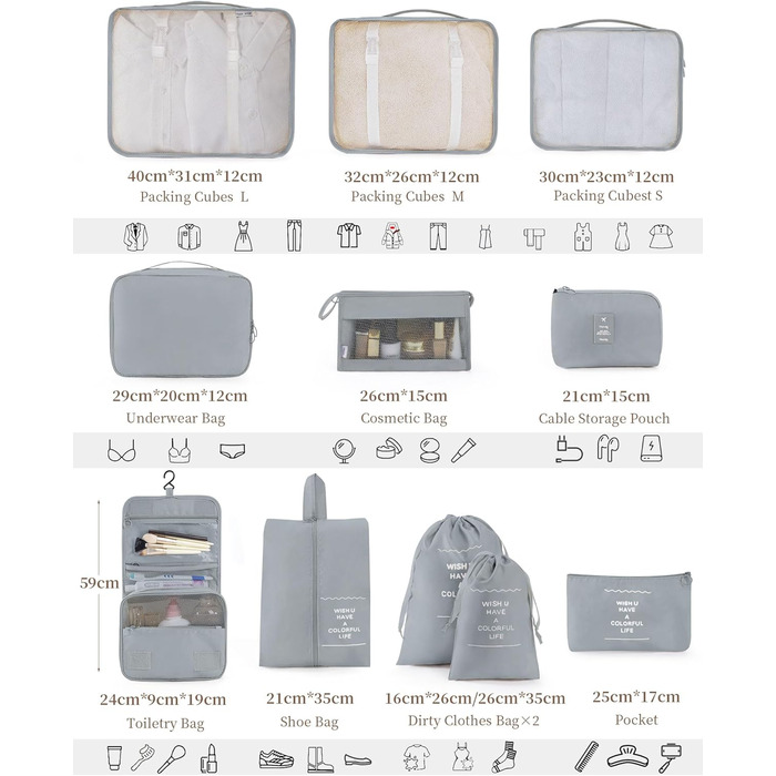 Набір органайзерів для подорожей Anjing (10 предметів), водонепроникні пакувальні куби для валізи, компактний набір для зберігання речей, темно-синій