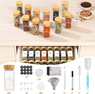 Набір скляних банок для спецій з дерев'яними кришками з акації, 24 шт по 120 мл