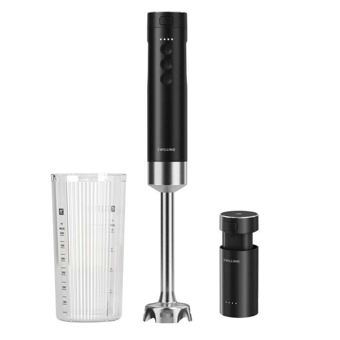 ZWILLING XTEND Бездротовий занурювальний блендер, стартовий набір з акумулятором та зарядною станцією, BLDC-двигун, 110 Вт, міксер з чашею, чорний