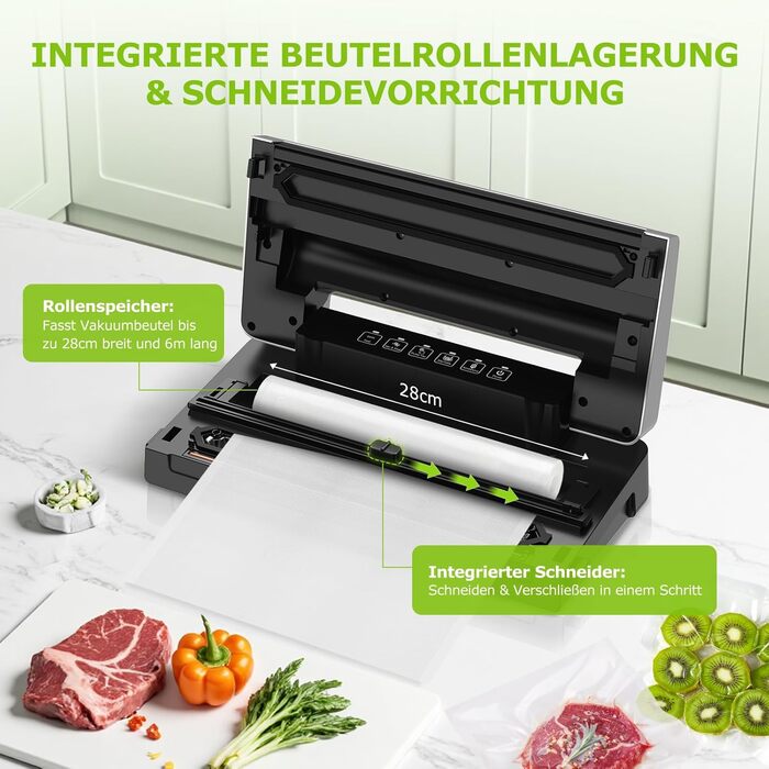 Вакууматор Bonsenkitchen для продуктів, потужний вакуумний пакувальник з 5 режимами, 8 л/хв, технологія Globefish, чорний (комплект: 5 пакетів та 1 рулон)