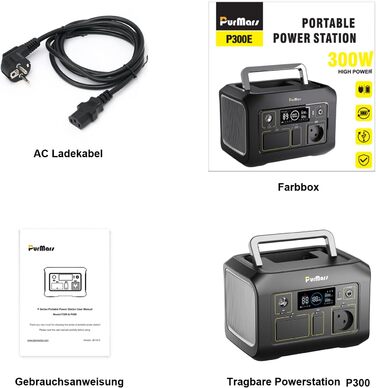 Портативна електростанція 300W (макс. 500W), 288Wh (90000mAh) з чистою синусоїдою 230V, LiFePO4 акумулятор, для кемпінгу, подорожей та надзвичайних ситуацій. P300E