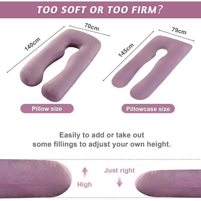 Вагітний подушка U-подібної форми, подушка для всього тіла з чохлом, подушка для годування XXL, велика подушка для сну на боці для вагітних знімний та пральний чохол (Рожевий, Велюр)