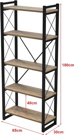 Книжкова шафа Skørping Стояча полиця з 5 полицями Металева полиця 180 x 65 x 30 см Кольори дерева Чорний Вітальня Спальня Відкрита полиця