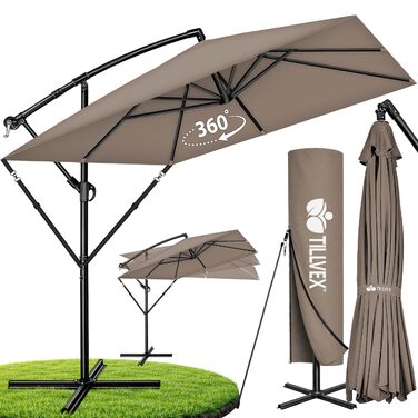Прямокутна алюмінієва парасолька від сонця tillvex® 330 см з ручкою-котушкою, чохлом та стійкою, водовідштовхуюча, UV-захист, поворотна на 360°, колір капучино