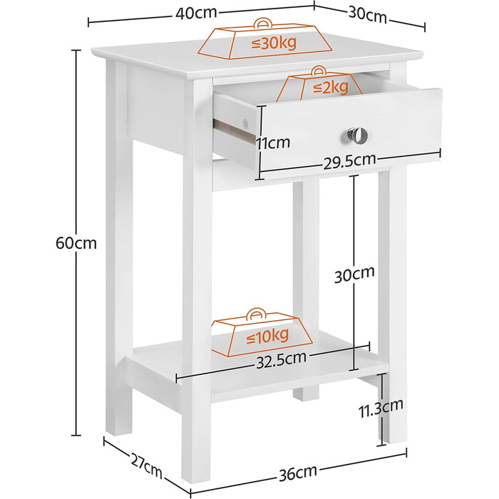 Приліжкова тумбочка з ящиком і полицею Yaheetech, 40x30x61 см, біла