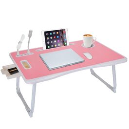 Стіл для ноутбука в ліжко, складаний з USB-портом, ручкою, кишенями для карток, тримачем для напоїв та висувною шухлядою (рожевий)
