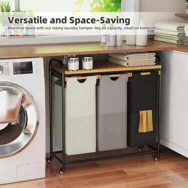 Кошики для білизни з сортуванням 3x40л, з висувними кишенями та роликами (Чорний/Білий)