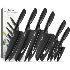 Набір кухонних ножів Hecef 15 предметів з бруском, чорний колір, антипригарне покриття, безпечний для миття в посудомийній машині, самозаточуваний брусок, ергономічні ручки, набір ножів для кухні для початківців та любителів готування (6 шт)