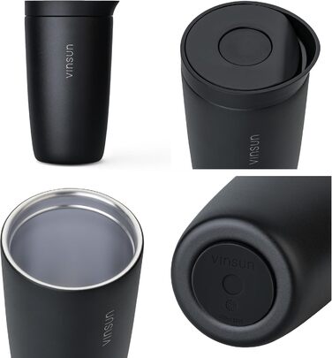 Термокружка VINSUN 350 мл, не протікає, з нержавіючої сталі, для гарячих та холодних напоїв, з Quick Press кришкою, для авто, університету (Чорний)