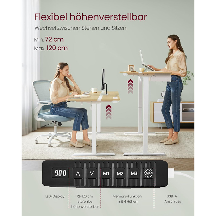 Електричний регульований стіл VASAGLE з пам'яттю висоти, з розетками та ящиком для зберігання, хмаринно-білий + золотий дуб, LSD112W01