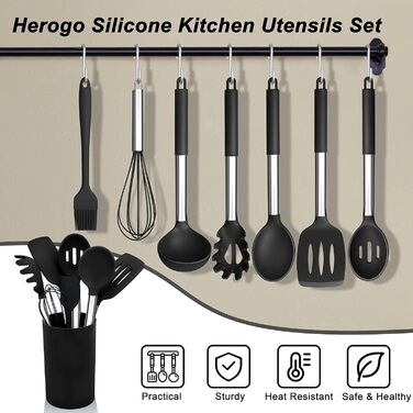 Набір кухонного приладдя Herogo, 12 шт. Силіконові кухонні інструменти з нержавіючою сталею, стійкі до високих температур, лопатки, ложки, шпателі з підставкою, легко миються - Чорний