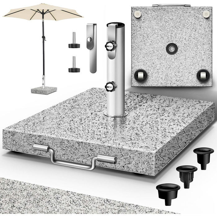 Підставка для парасольки Tillvex® Granit з роликами та ручкою для транспортування, 27 кг, кутова | Підставка для парасольки з нержавіючою сталею | Підставка для парасольки на балкон, сумісна з держателями 16-48 мм та парасольками діаметром 250 см, кутова,