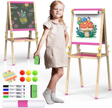 Мольберт для малювання Joyooss для дітей, регульований дерев'яний мольберт для малювання, двосторонній, сухий маркер, з аксесуарами для малювання, подарунок та канцтовари для дітей 4-8 років (РОЖЕВИЙ) 106PINK