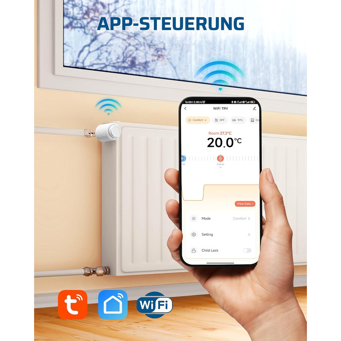 Розумний термостат для радіатора DEWENWILS WiFi, програмований, з керуванням через додаток, сумісний з Alexa та Google Assistant, енергозберігаючий, 1 шт.