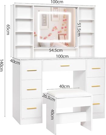 Великий туалетний столик ANWBROAD з регульованою LED-підсвіткою (3 кольори), розетками, дзеркалом та пуфом. 7 висувних ящиків, 4 полиці. Колір: білий. Розміри: 140x100x40 см.