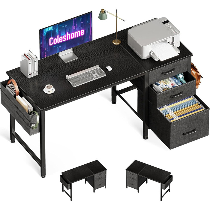 Комп'ютерний стіл Coleshome 120x48 см з 3 висувними ящиками для тканини, тримачем для навушників та сумкою для зберігання. Реверсивний офісний стіл для дому, чорний.