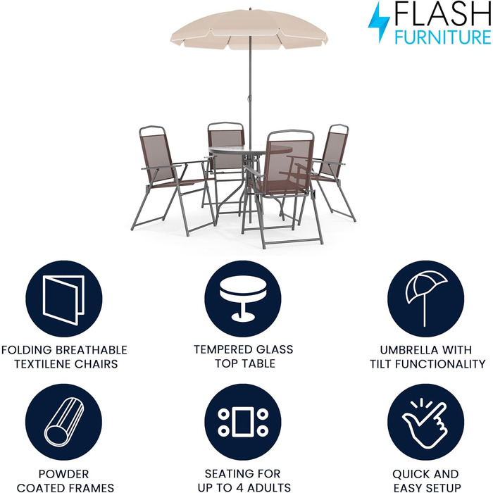 Садовий набір меблів Flash Furniture Nantucket 6 предметів коричневий з столом, парасолькою та 4 складними стільцями сірого кольору