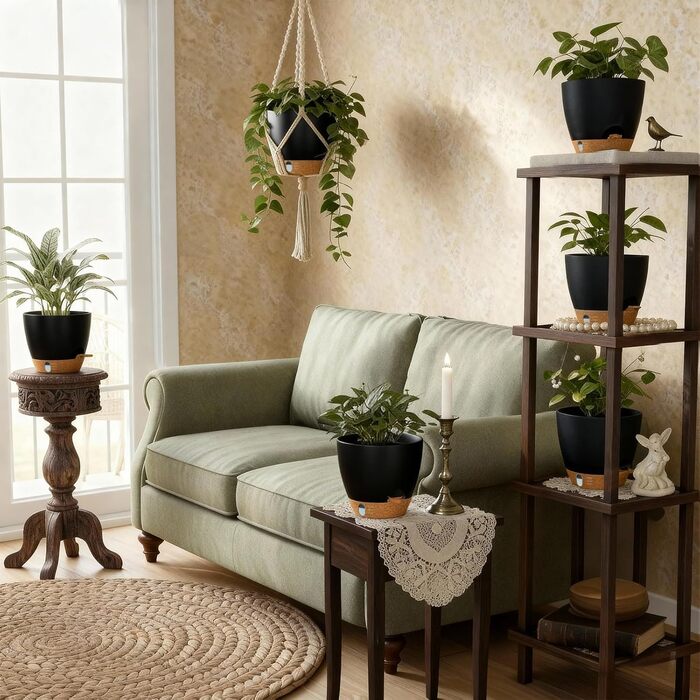 Набір горщиків для квітів ZMTECH 25 см з підставкою, пластикові пересаджувальні горщики з автополивом, кашпо з індикатором рівня води для дому/саду (2 шт., чорний)