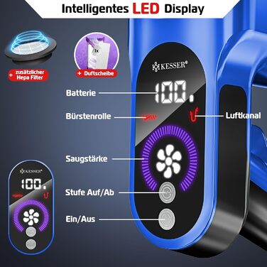 Бездротовий акумуляторний пилосос KESSER® з LED-дисплеєм, до 60 хвилин роботи, тихий, без мішка, з антинамотувальною щіткою, HEPA-фільтр, аромакарта (блакитний/золотий)