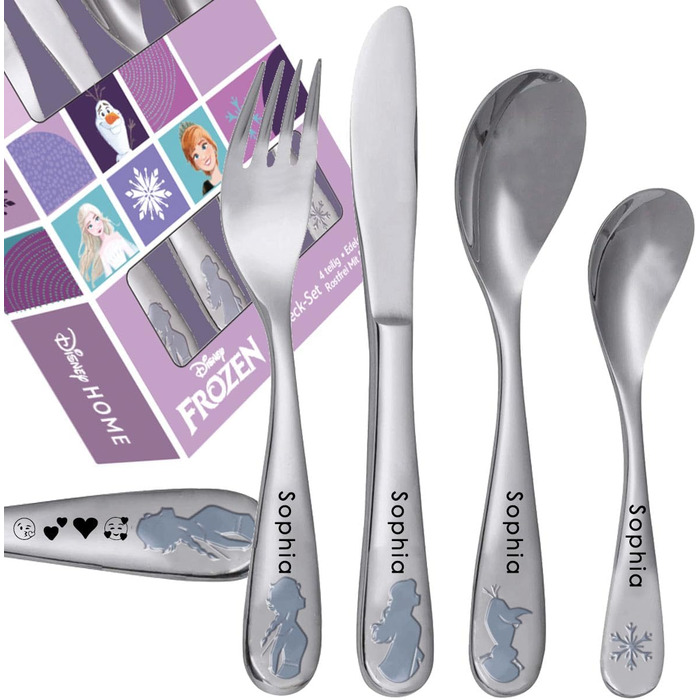 Дитячий столовий набір 'Frozen' з гравіюванням імені | 4 шт. | Нержавіюча сталь | Безпечний та міцний | Можна мити в посудомийній машині