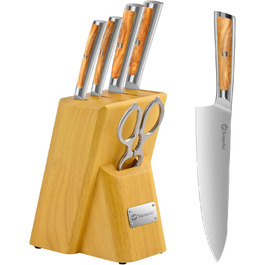 Набір ножів Sunnecko 6 шт. з підставкою – кухонний набір ножів, кухонні ножі з ергономічними ручками, гострими лезами, підставка з нержавіючої сталі та акації